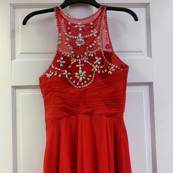 Red A-Line Beaded Prom Dress with Pleated Bodice - Picture 6 of 7